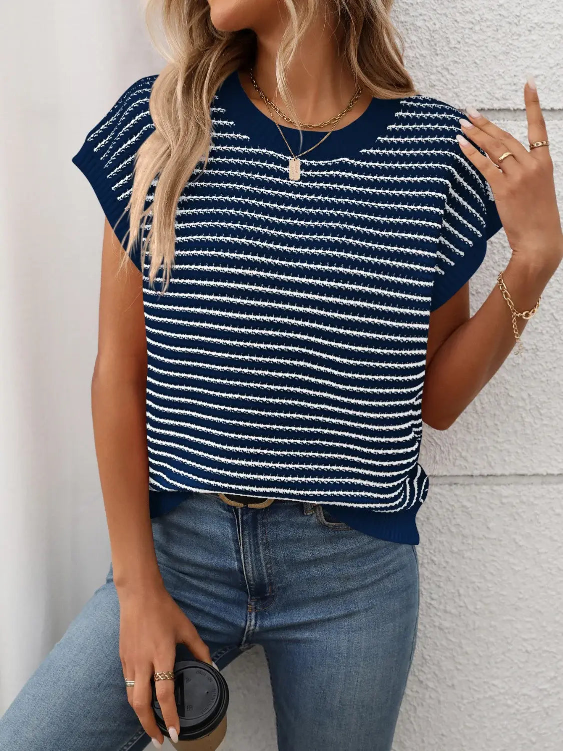 Striped Round Neck Short Sleeve Knit Top - Trendsi - Flyclothing LLC