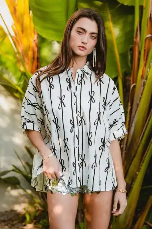 BiBi Bow Ribbon Woven Printed Button Down Shirt - Trendsi - Flyclothing LLC