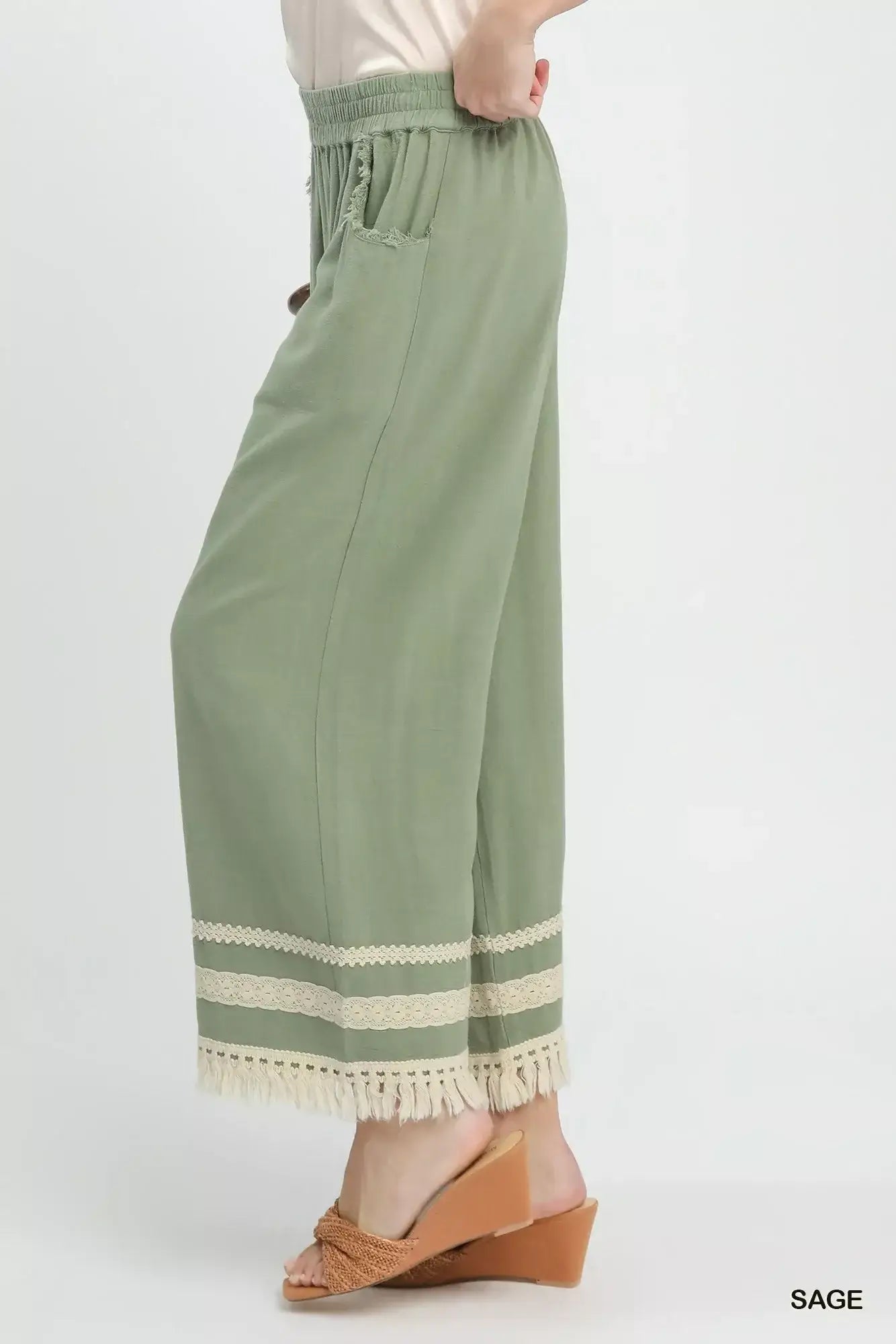 Umgee Lace Trim Fringe Hem Wide Leg Pants - Trendsi - Flyclothing LLC