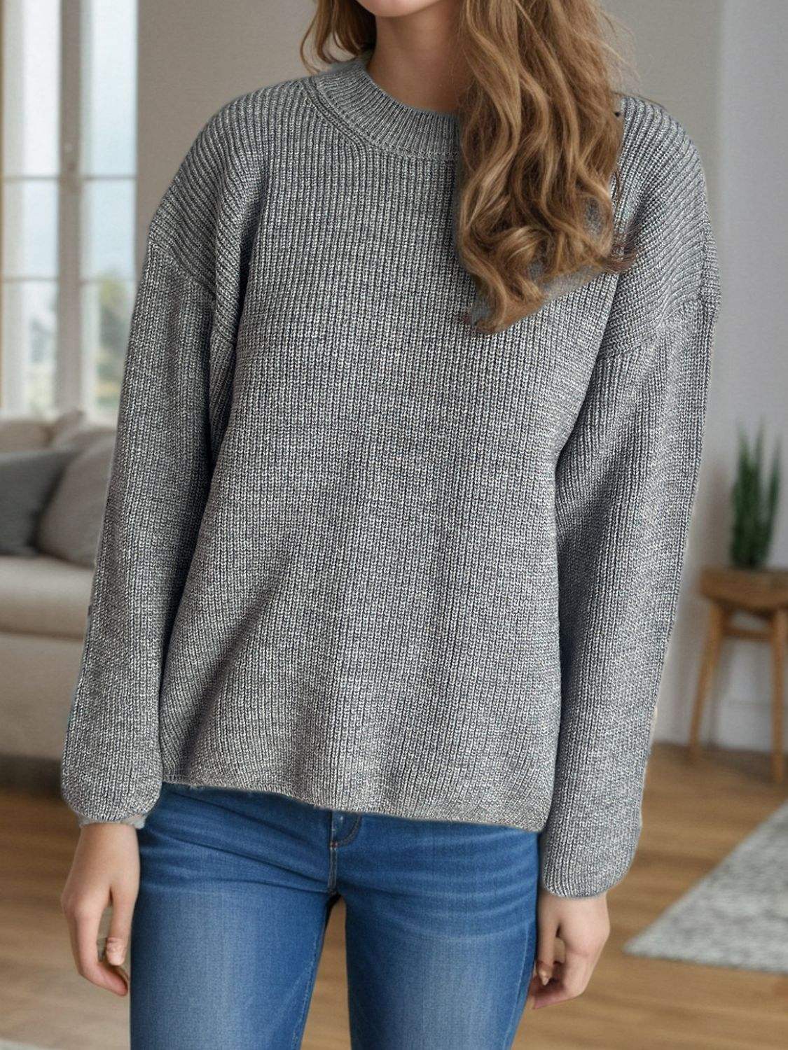 Solid Color Round Neck Long Sleeve Sweater - Trendsi - Flyclothing LLC