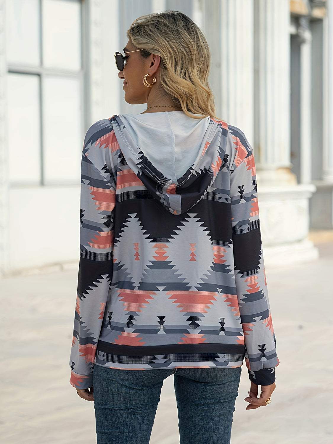 Geometric Zip Up Long Sleeve Hooded Jacket - Trendsi - Flyclothing LLC