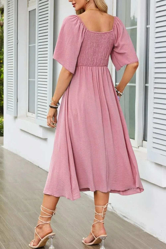 Smocked Tie Front Flutter Sleeve Midi Dress - Trendsi - Flyclothing LLC