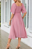 Smocked Tie Front Flutter Sleeve Midi Dress - Trendsi
