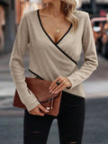 Full Size Crisscross Contrast Trim Long Sleeve T-Shirt - Trendsi - Flyclothing LLC