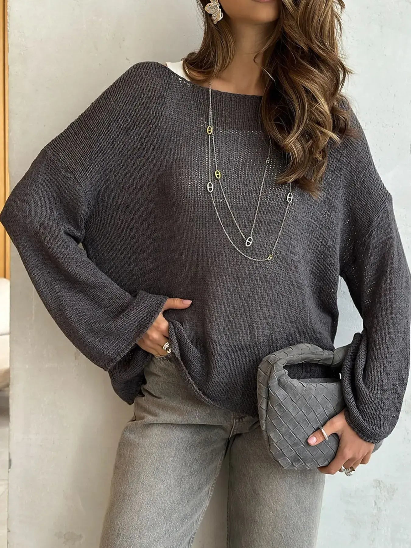 Boat Neck Knit Cover Up with Relaxed Fit - Trendsi - Flyclothing LLC