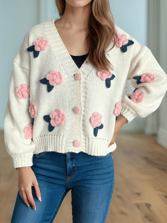Flower Button Down V-Neck Long Sleeve Cardigan - Trendsi