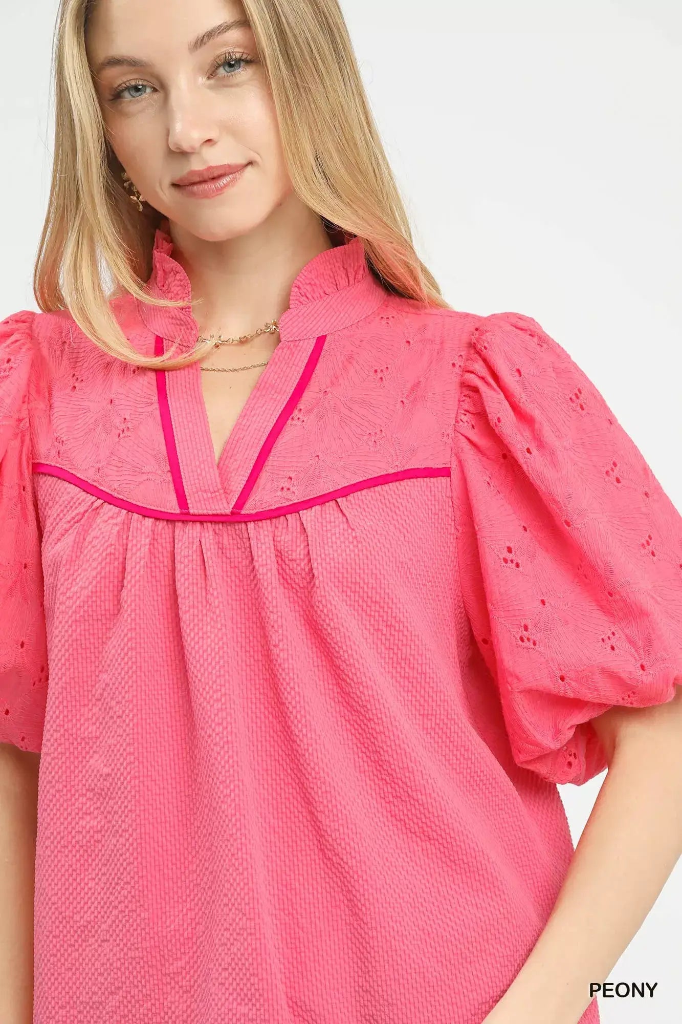 Umgee Puff Sleeve Eyelet Mix Top with Contrast Piping - Trendsi - Flyclothing LLC