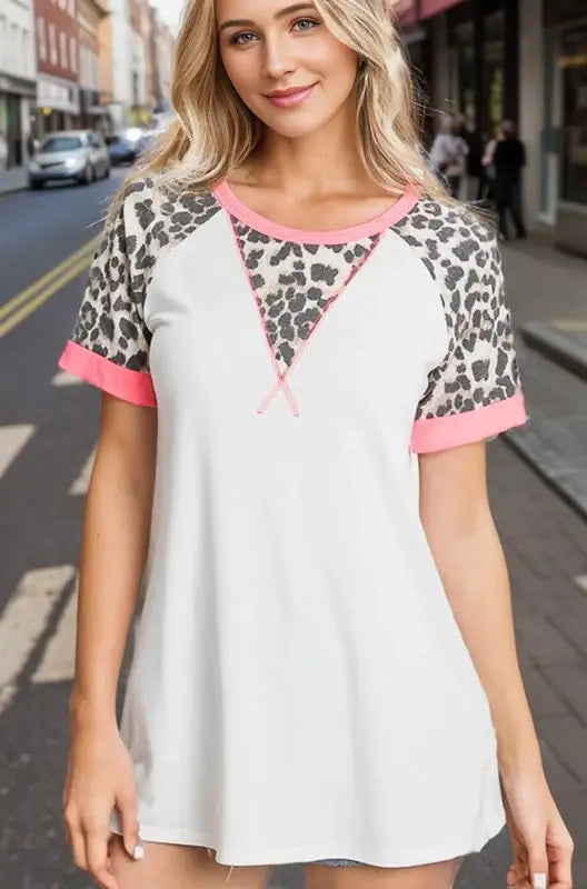 HeimishFull Size Leopard Round Neck Short Sleeve T-Shirt with Stitch Plus Size - Trendsi - Flyclothing LLC