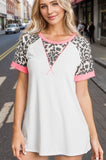 HeimishFull Size Leopard Round Neck Short Sleeve T-Shirt with Stitch Plus Size - Trendsi
