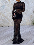 Lace Sheer Mock Neck Long Sleeve Maxi Dress - Trendsi - Flyclothing LLC