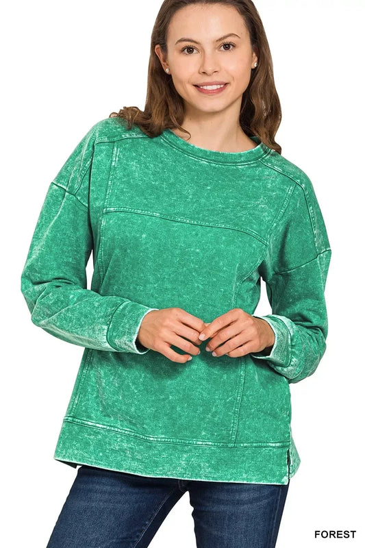 Zenana Acid Wash French Terry Exposed-Seam Pullover - Trendsi - Flyclothing LLC
