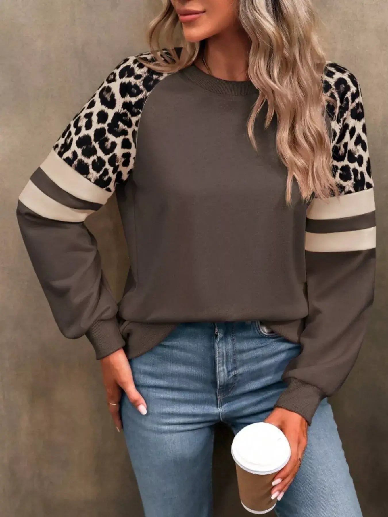 Leopard Round Neck Raglan Sleeve Sweatshirt - Trendsi - Flyclothing LLC