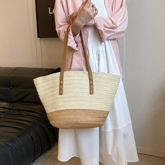 Contrast Straw Braided Handbag - Trendsi