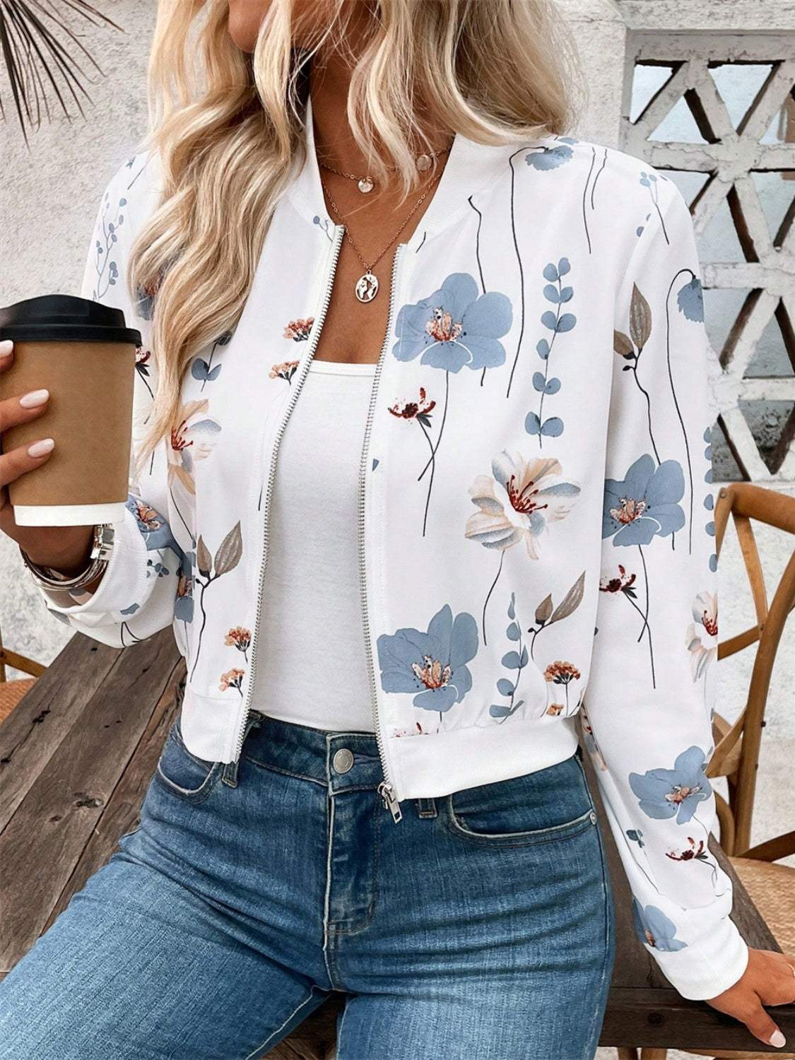 Printed Zip Up Long Sleeve Jacket - Trendsi - Flyclothing LLC