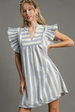 Umgee Full Size Striped Notched Ruffled Cap Sleeve Mini Dress Plus Size - Trendsi