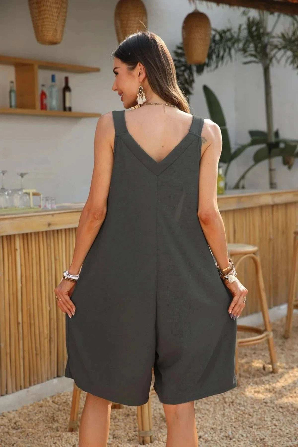Casual V-Neck Sleeveless Romper with Pockets - Trendsi - Flyclothing LLC