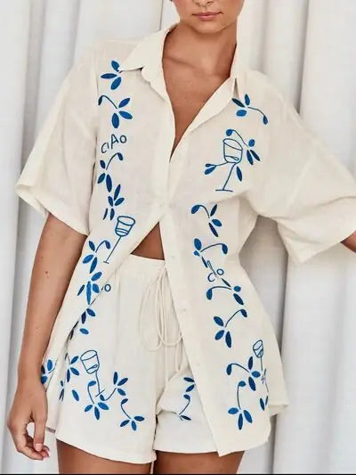 Embroidered Button Up Half Sleeve Top and Shorts Set - Trendsi - Flyclothing LLC