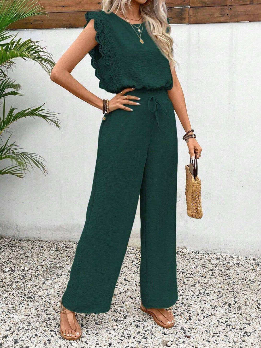 Lace Trim Round Neck Top and Pants Set - Trendsi - Flyclothing LLC