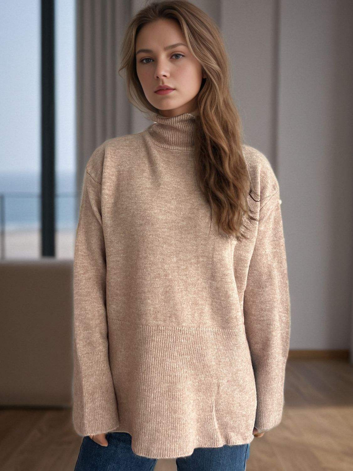 Side Slit Turtleneck Long Sleeve Sweater - Trendsi - Flyclothing LLC