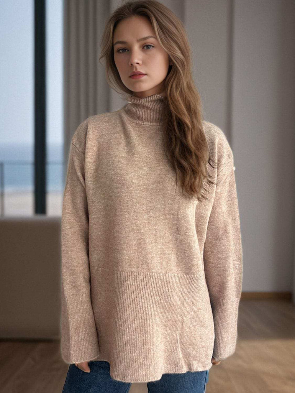 Side Slit Turtleneck Long Sleeve Sweater - Trendsi - Flyclothing LLC