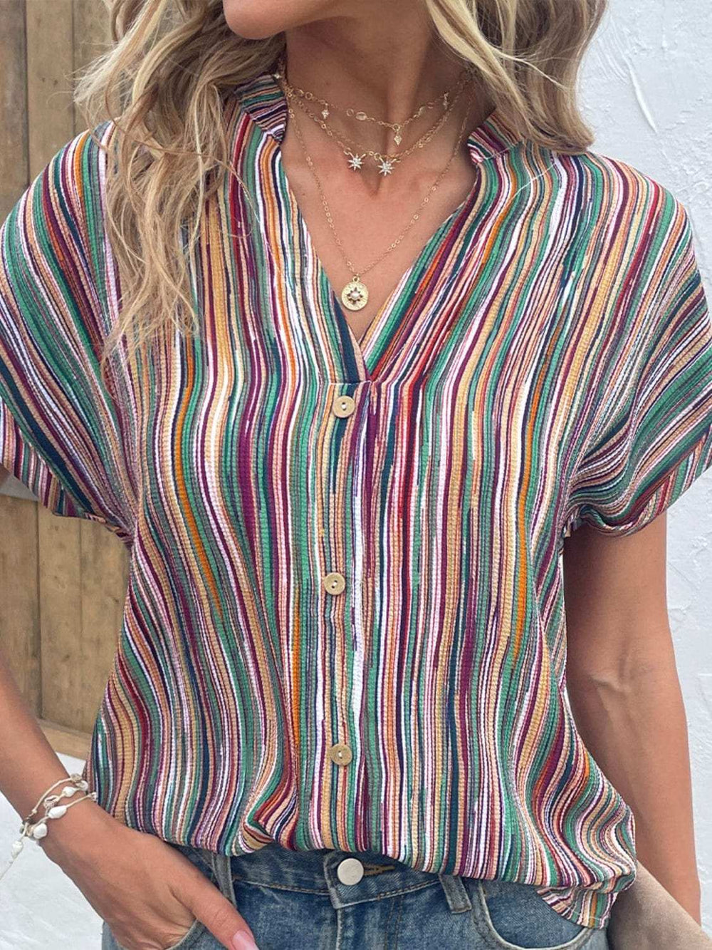 Striped Notched Short Sleeve Blouse - Trendsi - Flyclothing LLC