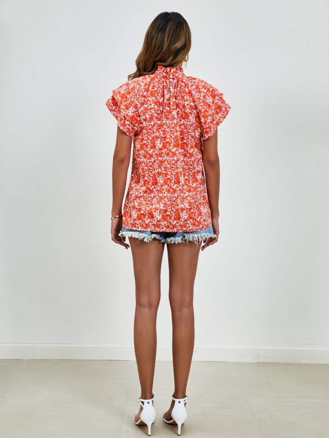 Ditsy Floral Mock Neck Flounce Sleeve Blouse - Trendsi - Flyclothing LLC