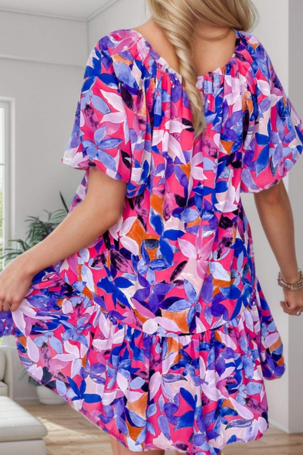 Printed Square Neck Short Sleeve Mini Dress - Trendsi - Flyclothing LLC