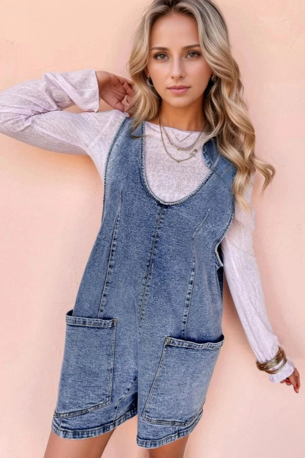 U Neck Patched Pocket Denim Overalls - Trendsi