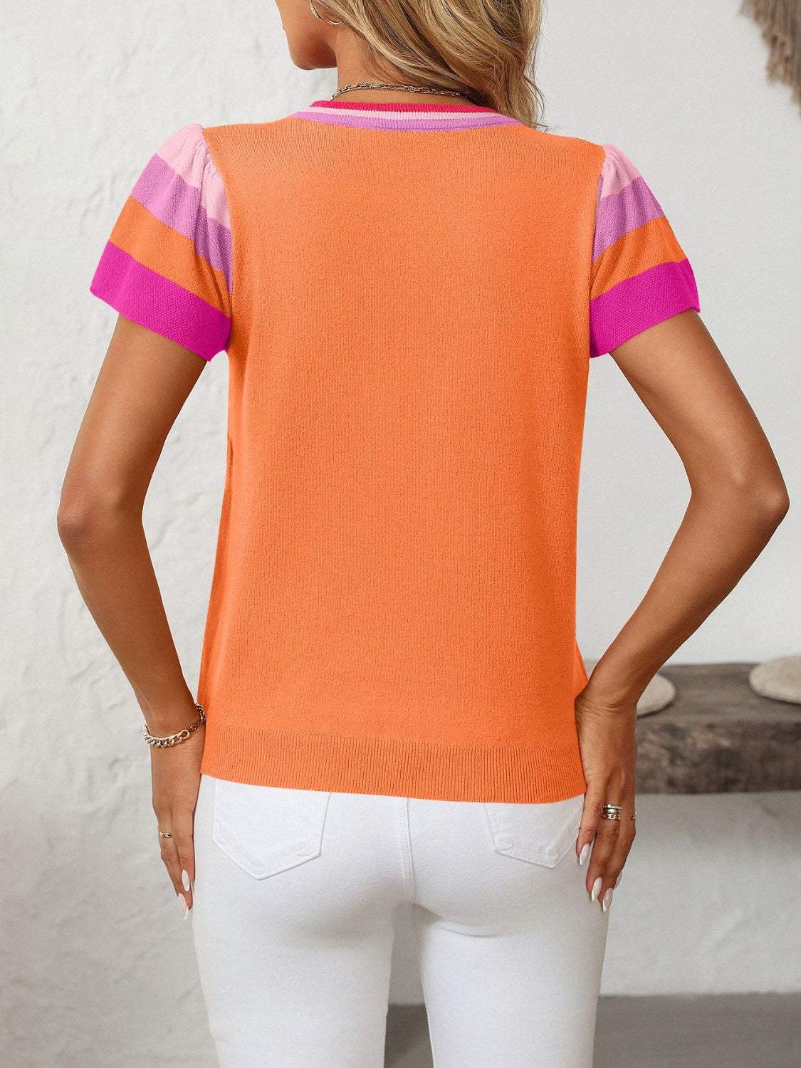 Mandy Contrast Round Neck Short Sleeve Knit Top - Trendsi - Flyclothing LLC