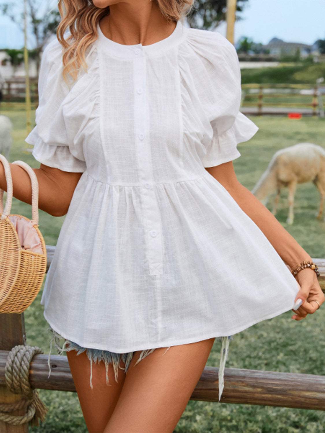 Peplum Round Neck Flounce Sleeve Blouse - Trendsi - Flyclothing LLC