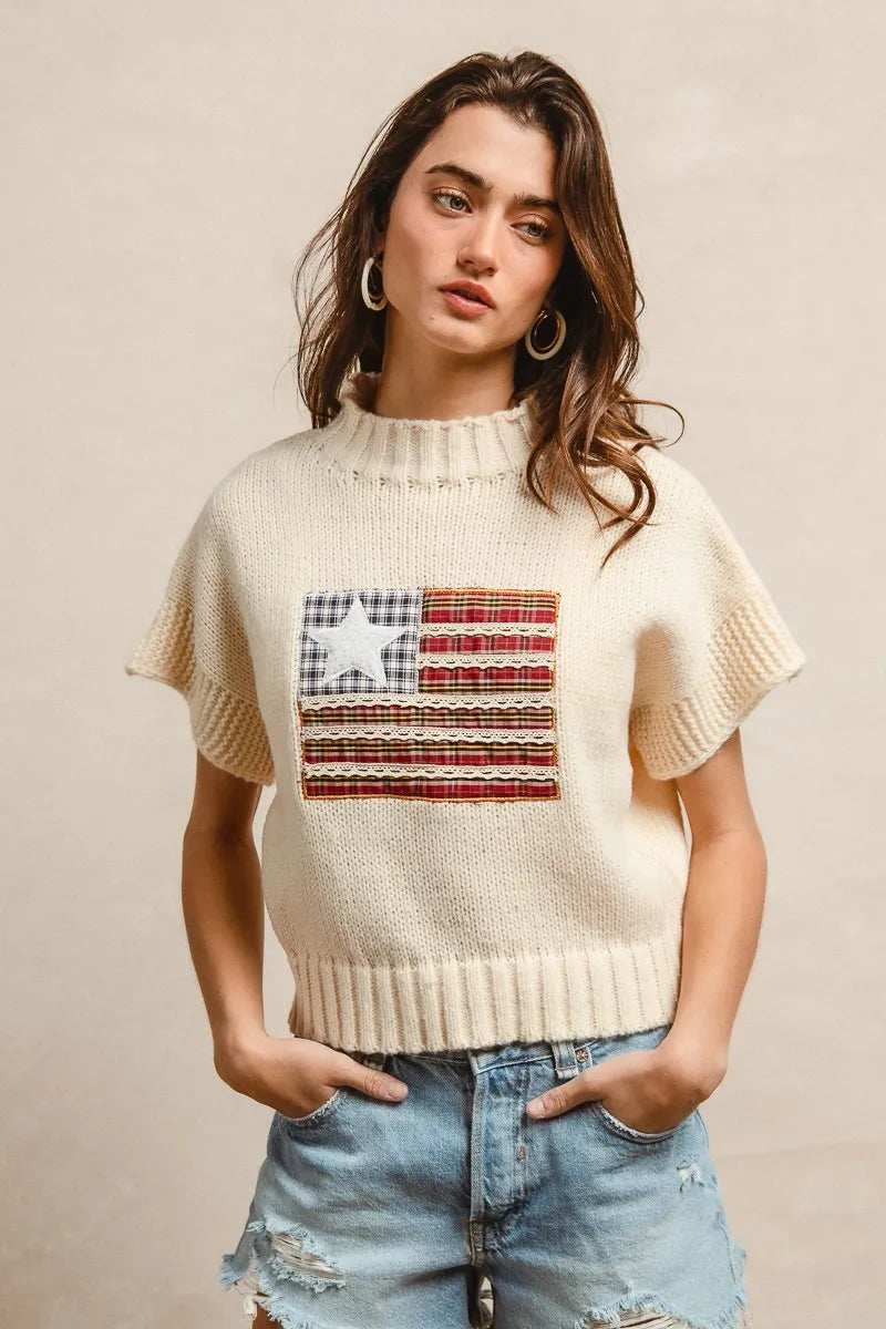 BiBi American Flag Patchwork Drop Shoulder Sweater - Trendsi - Flyclothing LLC