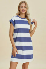 Basic Bae Full Size Striped Round Neck Cap Sleeve Mini Dress - Trendsi - Flyclothing LLC