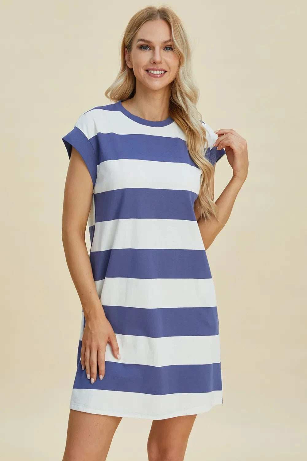 Basic Bae Full Size Striped Round Neck Cap Sleeve Mini Dress - Trendsi - Flyclothing LLC