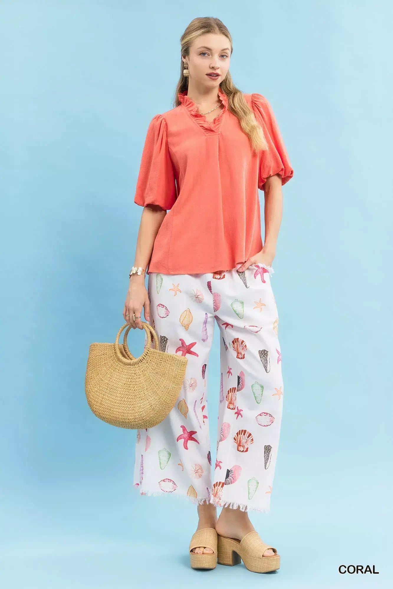Umgee Linen Scallop Trim V-Neck Blouse - Trendsi - Flyclothing LLC