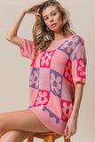 BiBi Flower Checker Pattern Short Sleeve Sweater - Trendsi - Flyclothing LLC