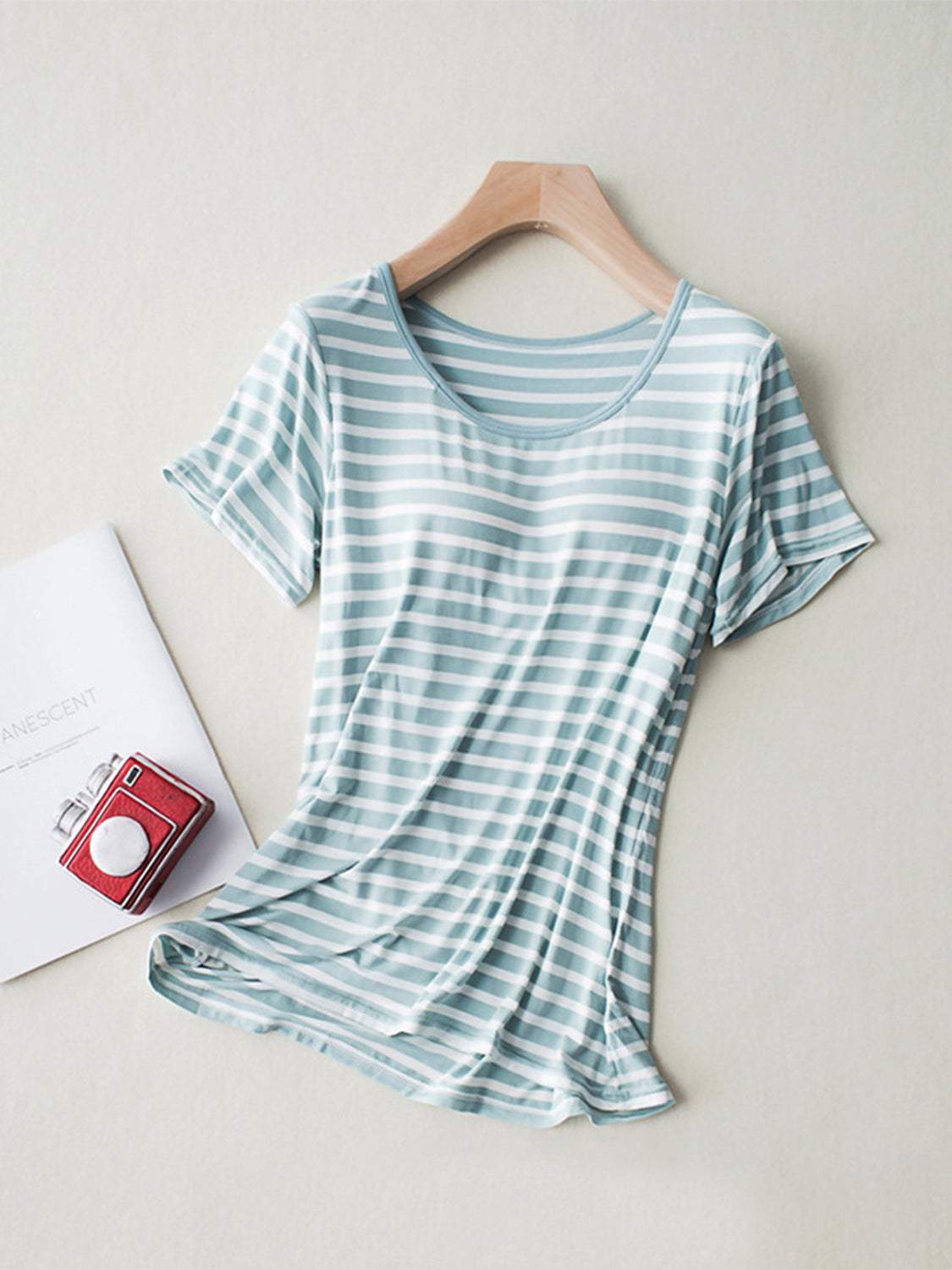Striped Round Neck Short Sleeve T-Shirt with Bra - Trendsi - Flyclothing LLC