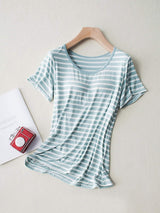 Striped Round Neck Short Sleeve T-Shirt with Bra - Trendsi - Flyclothing LLC
