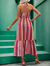 Lace Detail Striped Halter Neck Midi Dress - Trendsi - Flyclothing LLC