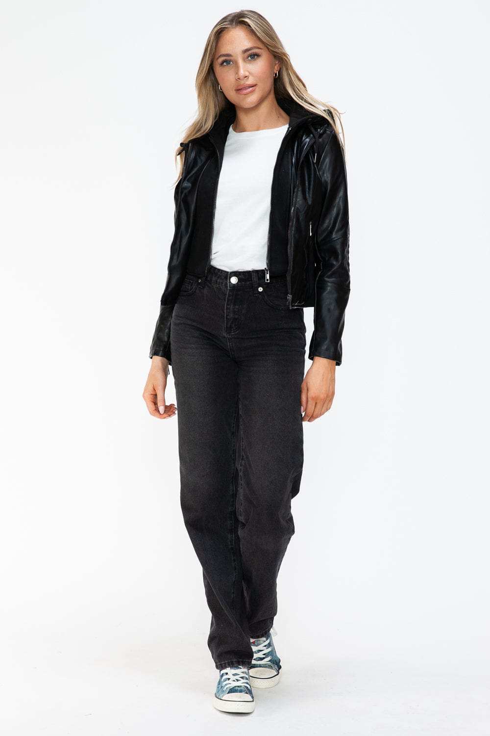 Snobbish Faux Leather Zip Up Drawstring Hooded Jacket - Trendsi - Flyclothing LLC