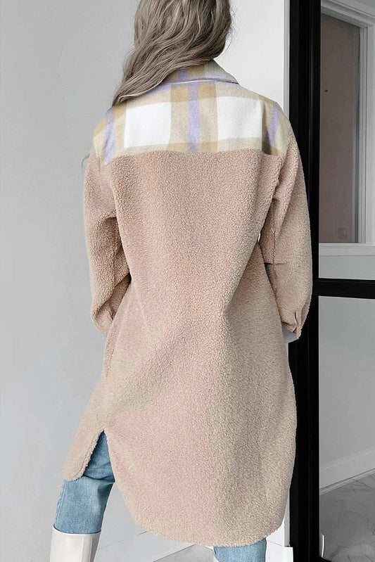 Slit Plaid Button Down Long Sleeve Coat - Trendsi - Flyclothing LLC