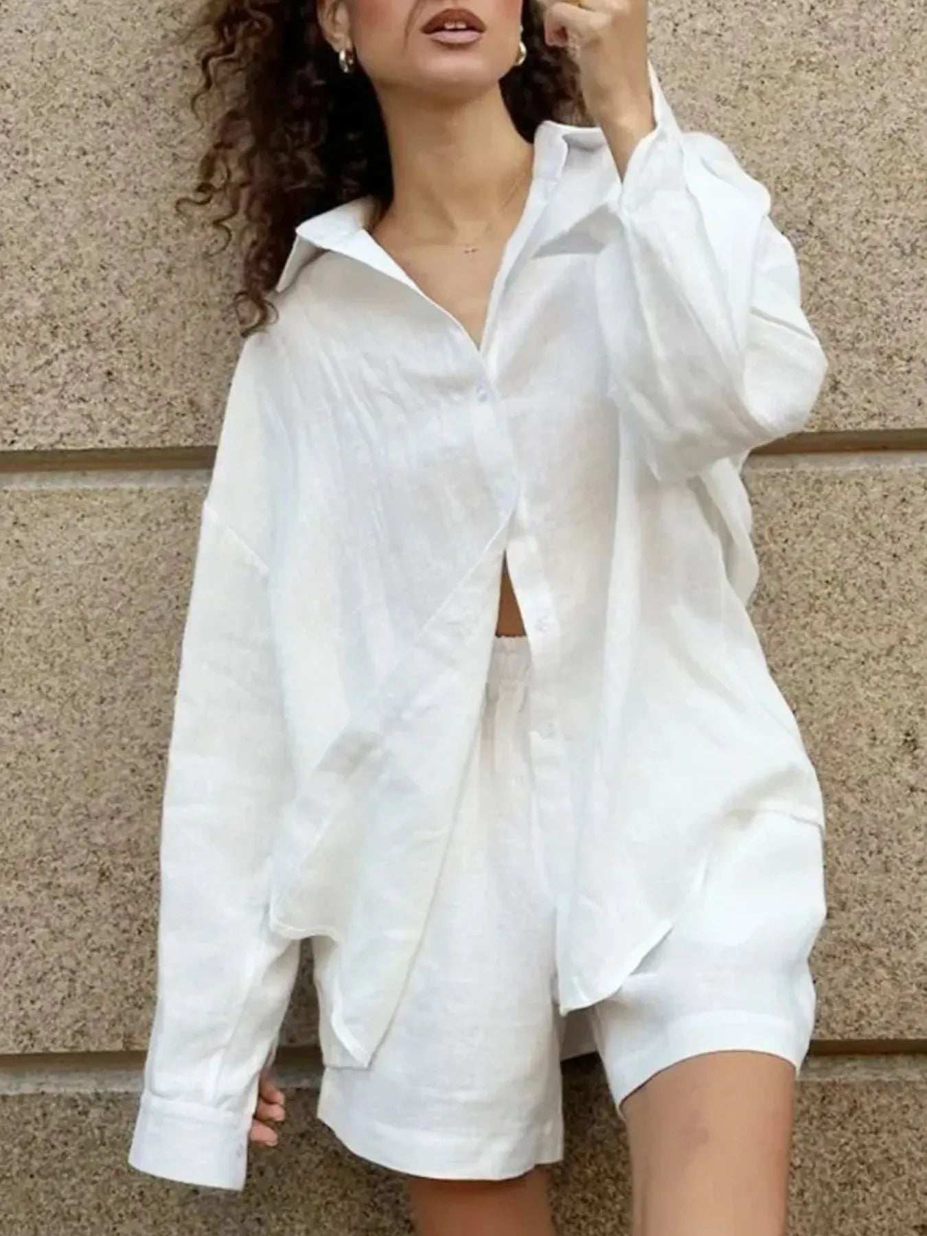 Button Up Long Sleeve Shirt and Shorts Set - Trendsi - Flyclothing LLC