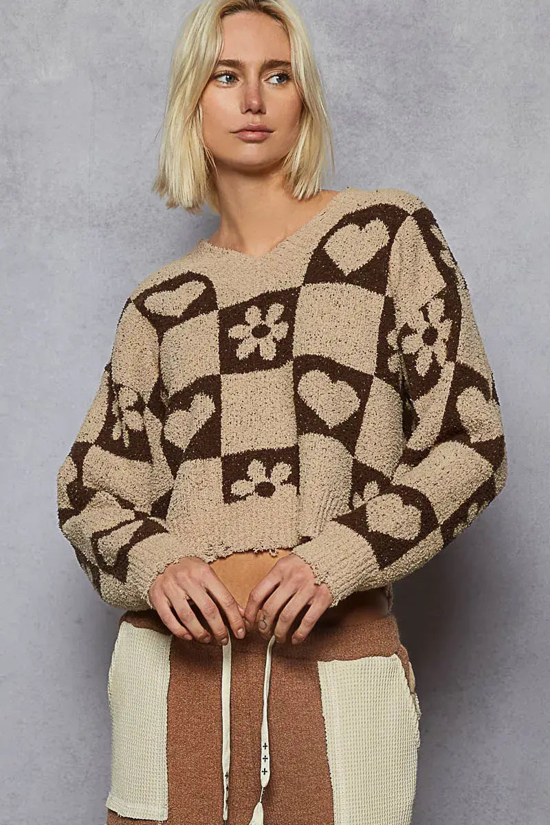 POL V-Neck Heart Pattern Checkered Sweater - Trendsi - Flyclothing LLC