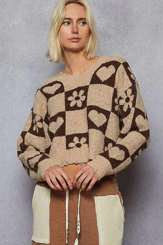 POL V-Neck Heart Pattern Checkered Sweater - Trendsi - Flyclothing LLC