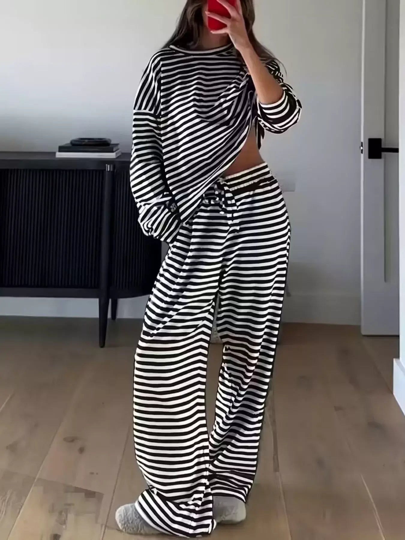 Striped Round Neck Top and Pants Set - Trendsi - Flyclothing LLC