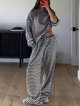 Striped Round Neck Top and Pants Set - Trendsi - Flyclothing LLC