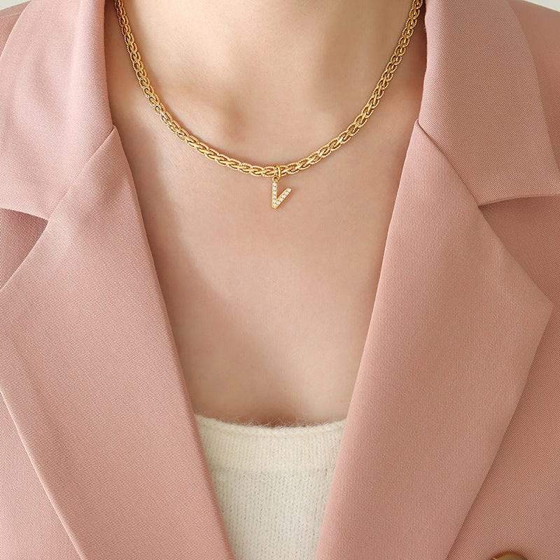 Brass Inlaid Zircon Letter Pendant Necklace - Trendsi - Flyclothing LLC