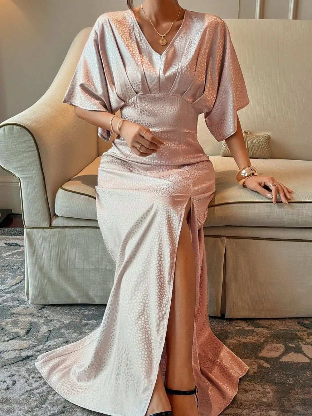 Slit Animal Print V-Neck Half Sleeve Dress - Trendsi - Flyclothing LLC