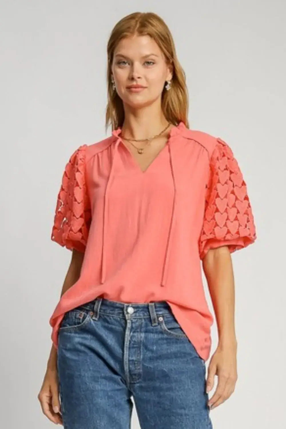 Umgee Full Size Heart Lace Sleeve Ruffle Collar Top Plus Size - Trendsi - Flyclothing LLC