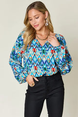 Double Take Full Size Printed Balloon Sleeve Blouse - Trendsi - Flyclothing LLC