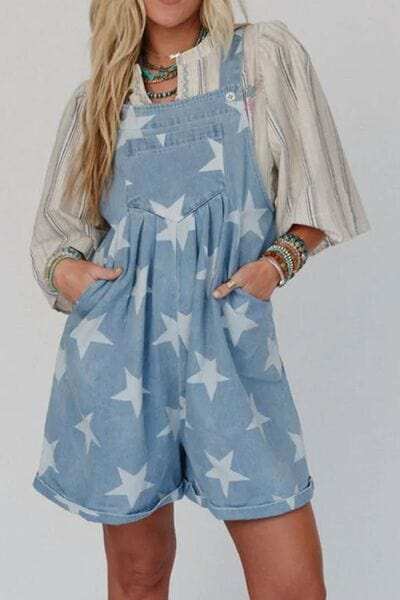 Star Print Square Neck Denim Overalls - Trendsi - Flyclothing LLC